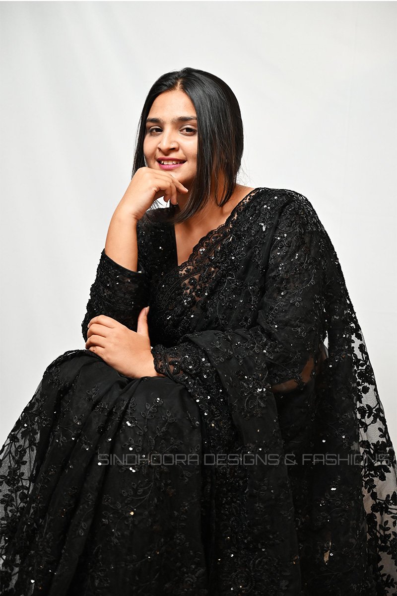 Black-Saree1 Black Designer Saree with Embroidered Blouse | Party Wear, Wedding & Festive Saree for Women - Image 1