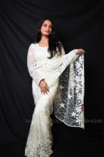 Ivory White Ready Made Designer Net Saree with Heavy Embroidered Blouse | Luxury Wedding, Reception & Party Wear Saree for Women
