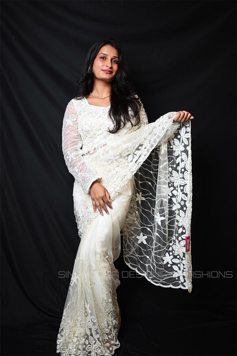 Ivory_saree1 Ivory White Ready Made Designer Net Saree with Heavy Embroidered Blouse | Luxury Wedding, Reception & Party Wear Saree for Women - Image 1