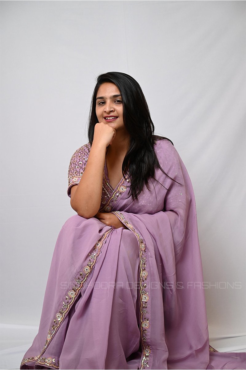 PinkDesigner1 Elegant Lavender Ready Made Designer Saree with Hand Embroidered Floral Blouse | Designer Reception, Wedding & Festive Wear - Image 1