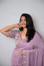 Elegant Lavender Ready Made Designer Saree with Hand Embroidered Floral Blouse | Designer Reception, Wedding & Festive Wear - Image 3