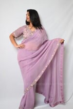 Elegant Lavender Ready Made Designer Saree with Hand Embroidered Floral Blouse | Designer Reception, Wedding & Festive Wear - Image 5