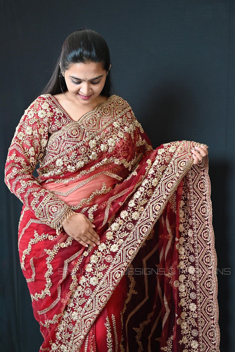 RedEmb_1 Bridal Red Ready Made Designer Saree with Heavy Hand Embroidered Blouse | Luxury Wedding, Reception & Bridal Party Wear Saree for Women - Image 1