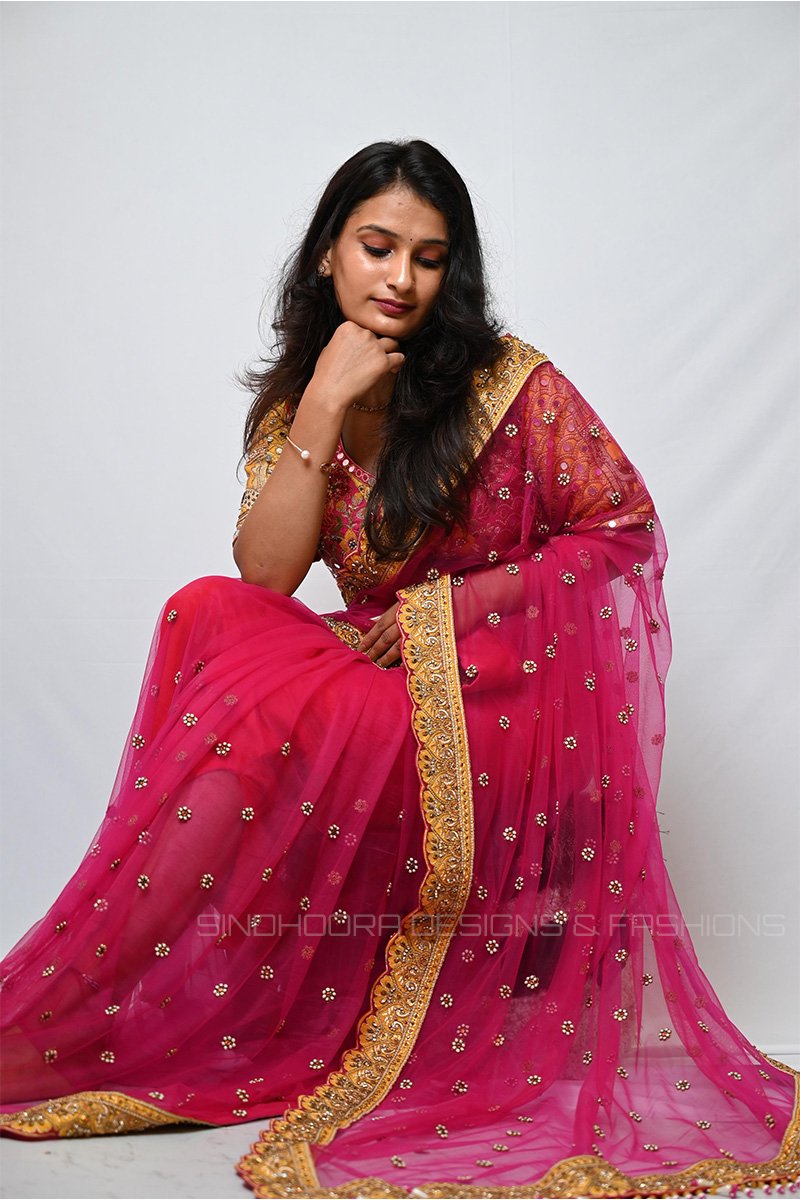 Red_Yellow_1 Elegant Rani Pink Designer Ready Made Saree with Hand Embroidered Floral Blouse | Luxury Wedding & Festive Wear - Image 1