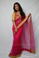 Elegant Rani Pink Designer Ready Made Saree with Hand Embroidered Floral Blouse | Luxury Wedding & Festive Wear - Image 3