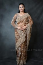 Luxury Brown Ready Made Designer Net Saree with Heavy Hand Embroidered Blouse | Bridal, Reception & Wedding Party Wear Saree for Women - Image 3