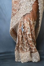 Luxury Brown Ready Made Designer Net Saree with Heavy Hand Embroidered Blouse | Bridal, Reception & Wedding Party Wear Saree for Women - Image 2