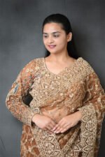Luxury Brown Ready Made Designer Net Saree with Heavy Hand Embroidered Blouse | Bridal, Reception & Wedding Party Wear Saree for Women - Image 4