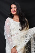 Ivory White Ready Made Designer Net Saree with Heavy Embroidered Blouse | Luxury Wedding, Reception & Party Wear Saree for Women - Image 4
