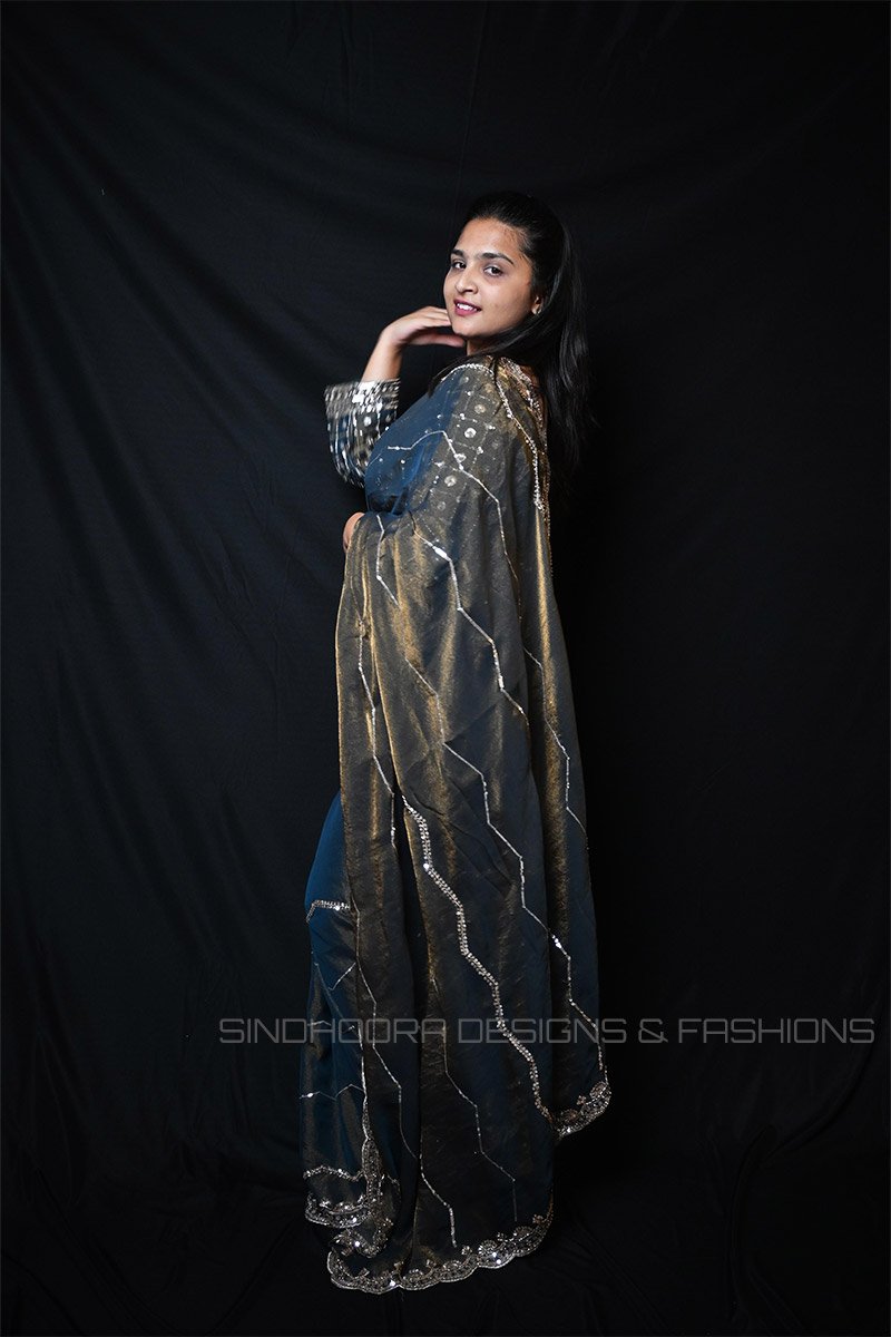 midnightblue2 Midnight Blue Ready Made Designer Saree with Sequin Embroidered Blouse | Premium Wedding, Reception & Party Wear Saree for Women - Image 1