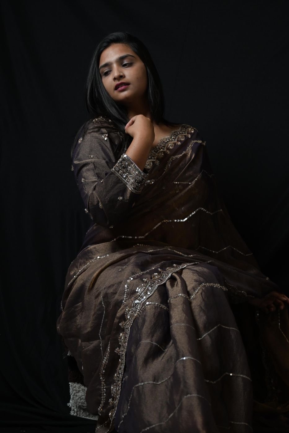 dark_saree_2 Black Organza Designer Saree with Sequin Embroidery and Embellished Border - Image 1