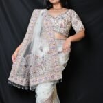 White Designer Embroidered Saree with Pastel Pink Border and Blouse