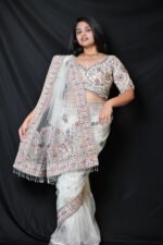White Designer Embroidered Saree with Pastel Pink Border and Blouse