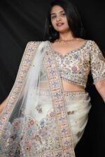White Designer Embroidered Saree with Pastel Pink Border and Blouse - Image 2