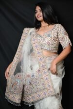 White Designer Embroidered Saree with Pastel Pink Border and Blouse - Image 3
