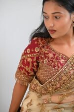 Elegant Cream Net Saree with Maroon Floral Embroidered Red Blouse & Zari Border - Image 3