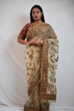 Elegant Cream Net Saree with Maroon Floral Embroidered Red Blouse & Zari Border
