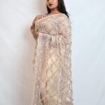 Champagne Beige Sequin Embroidered Net Saree with Designer Border