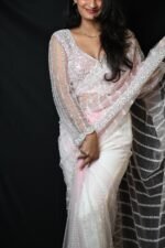 White and Pink Sequin Embroidered Designer Saree with Blouse - Image 3