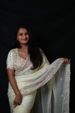 Pastel Cream Embroidered Designer Saree with Sequin Work and Matching Blouse