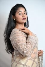 Champagne Beige Sequin Embroidered Net Saree with Designer Border - Image 2