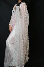 White and Pink Sequin Embroidered Designer Saree with Blouse - Image 2