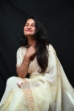 Pastel Cream Embroidered Designer Saree with Sequin Work and Matching Blouse - Image 2