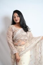 Champagne Beige Sequin Embroidered Net Saree with Designer Border - Image 3