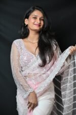 White and Pink Sequin Embroidered Designer Saree with Blouse