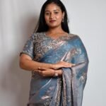 Premium Steel Blue Designer Saree with Rose Gold Embroidery & Sequin Work