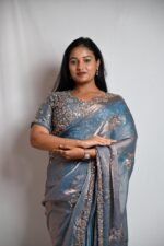 Premium Steel Blue Designer Saree with Rose Gold Embroidery & Sequin Work