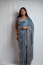 Premium Steel Blue Designer Saree with Rose Gold Embroidery & Sequin Work - Image 2