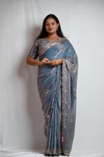 Premium Steel Blue Designer Saree with Rose Gold Embroidery & Sequin Work - Image 3