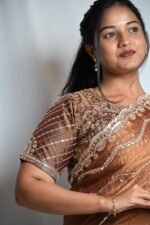 Premium Copper Brown Designer Saree with Silver Sequin & Embroidered Border - Image 4