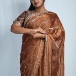 Premium Copper Brown Designer Saree with Silver Sequin & Embroidered Border