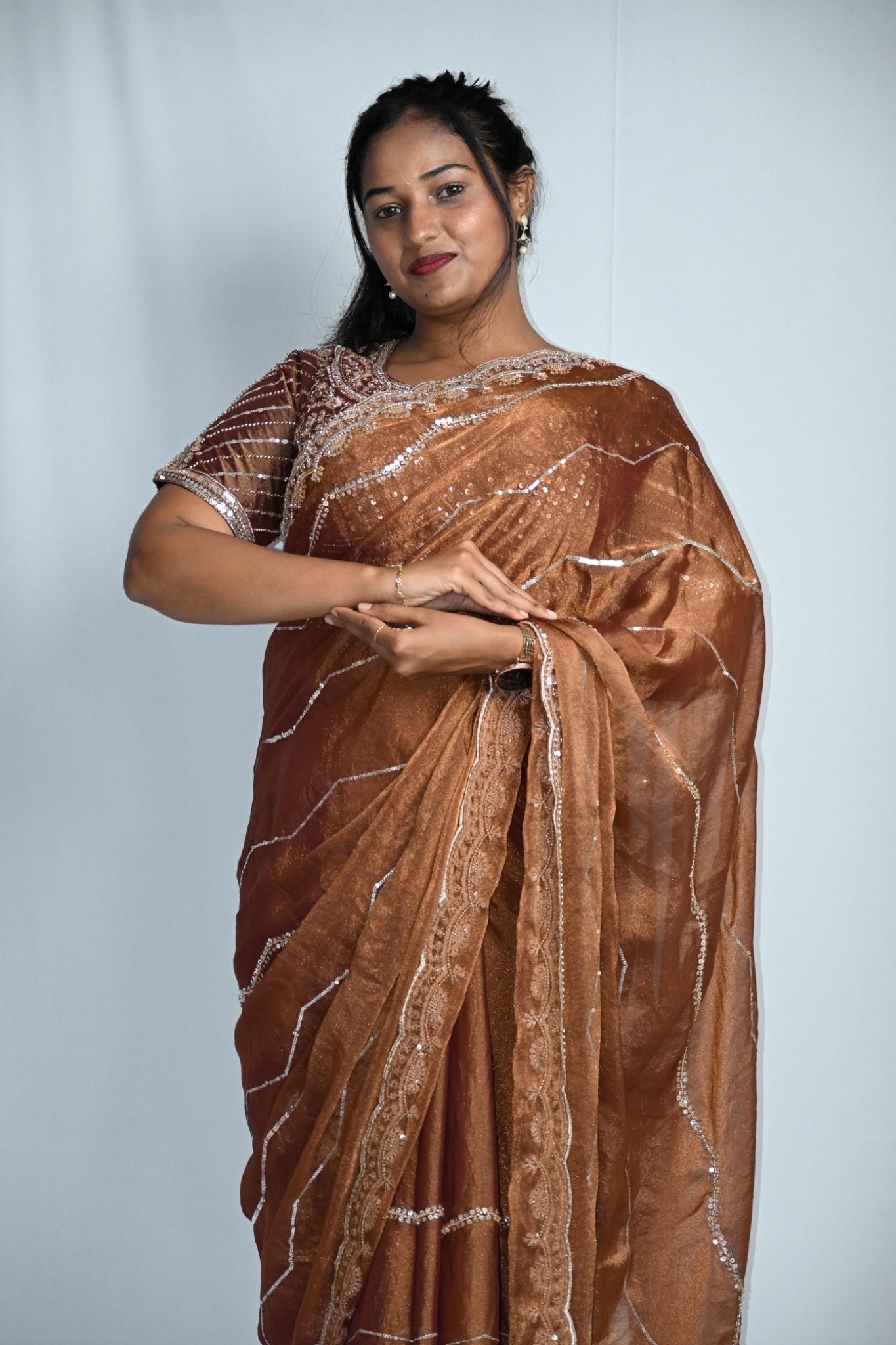 brown_saree_image_3 Premium Copper Brown Designer Saree with Silver Sequin & Embroidered Border - Image 1