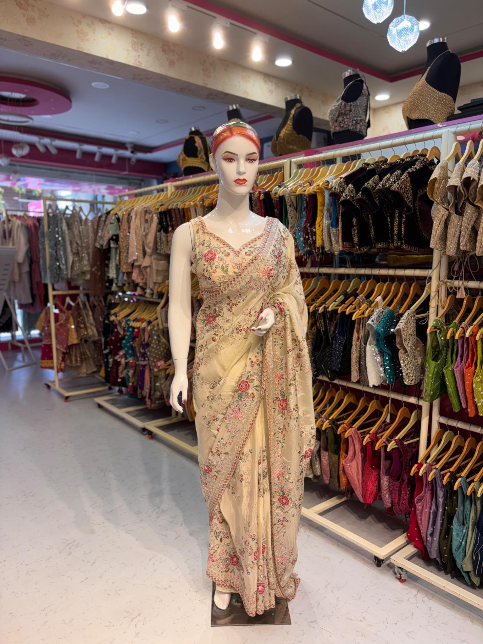 designer_saree_compressed Elegant Beige Floral Embroidered Designer Saree - Image 1