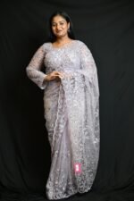 Elegant Lavender Grey Sequin Embroidered Net Saree with Silver Floral Work - Image 2