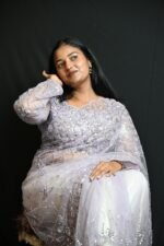 Elegant Lavender Grey Sequin Embroidered Net Saree with Silver Floral Work