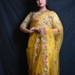 Mustard Yellow Organza Saree with Multicolour Floral Embroidery & Designer Border (Copy)