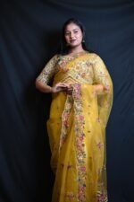 Mustard Yellow Organza Saree with Multicolour Floral Embroidery & Designer Border (Copy)