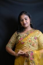 Mustard Yellow Organza Saree with Multicolour Floral Embroidery & Designer Border (Copy) - Image 2