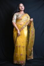 Mustard Yellow Organza Saree with Multicolour Floral Embroidery & Designer Border (Copy) - Image 3