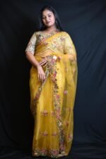 Mustard Yellow Organza Saree with Multicolour Floral Embroidery & Designer Border (Copy) - Image 4