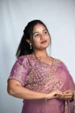 Premium Mauve Purple Designer Saree with Rose Gold Embroidery & Sequin Work - Image 3
