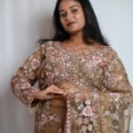 Premium Mocha Brown Embroidered Designer Saree with Pink Floral Work