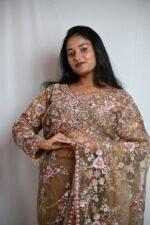 Premium Mocha Brown Embroidered Designer Saree with Pink Floral Work