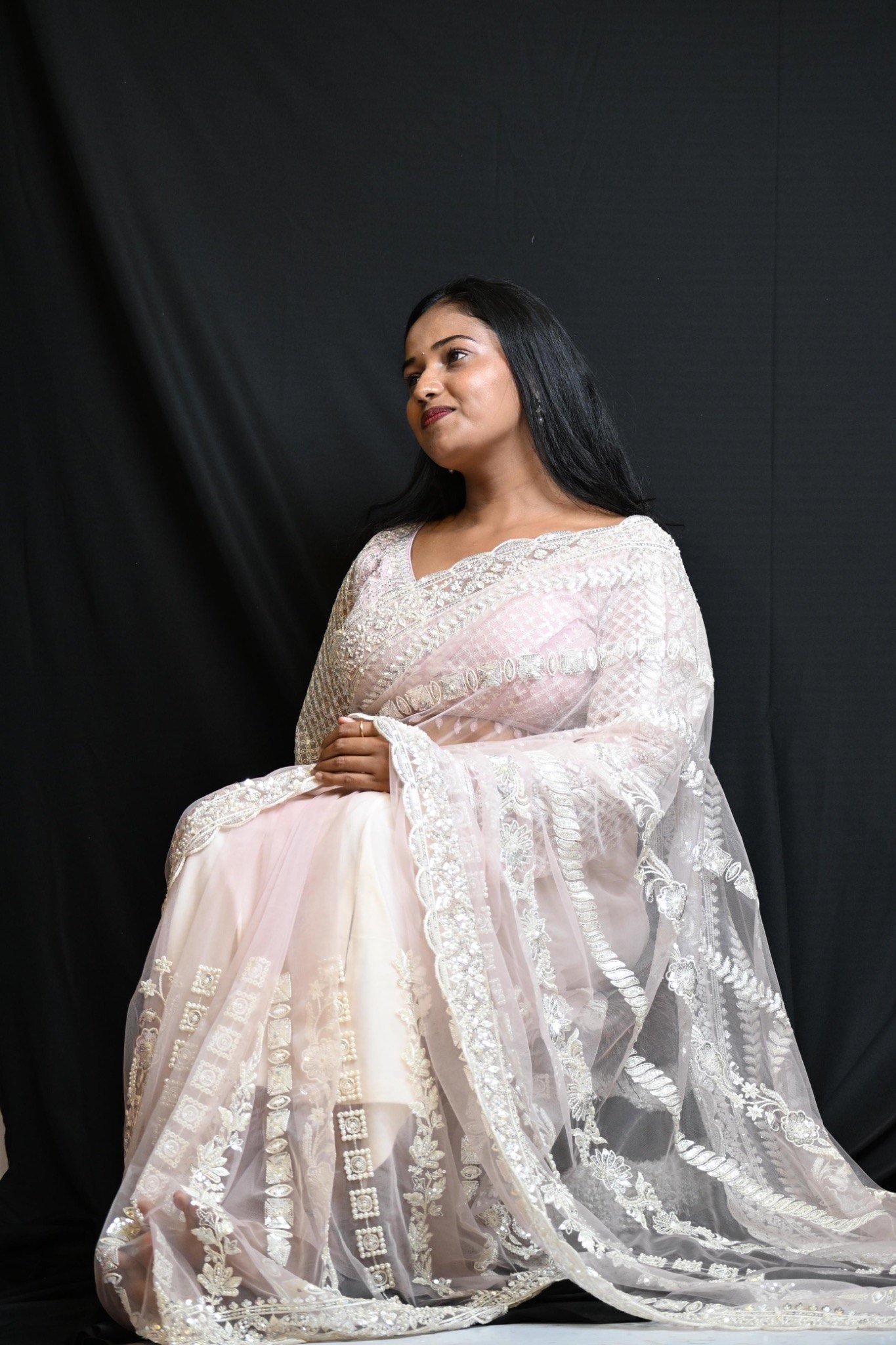 saree_image_1 Elegant Blush Pink Organza Saree with Intricate Silver Embroidery - Image 1