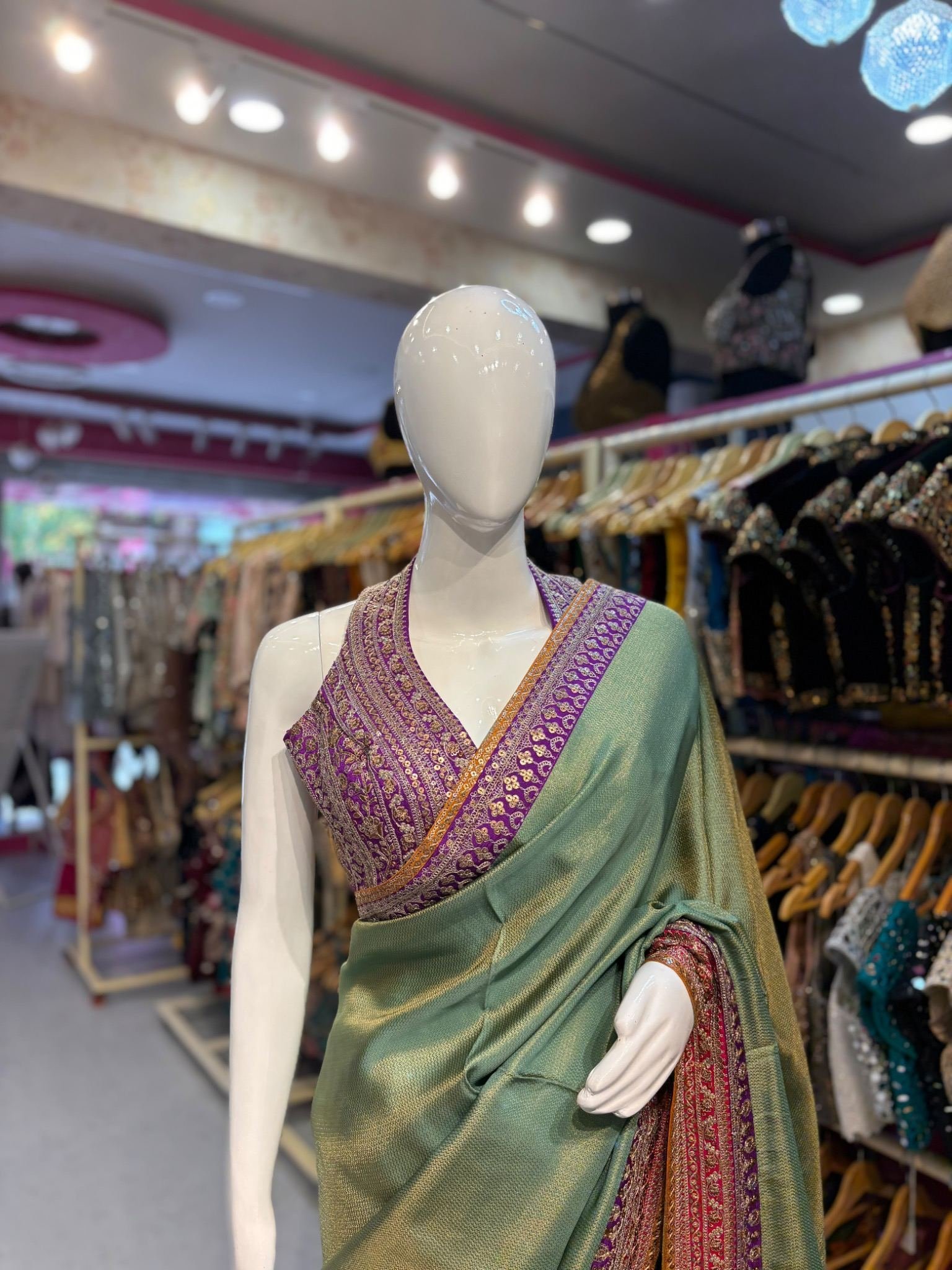 saree_image_1 Designer Sage Green Saree with Rich Purple & Gold Embroidered Border - Image 1