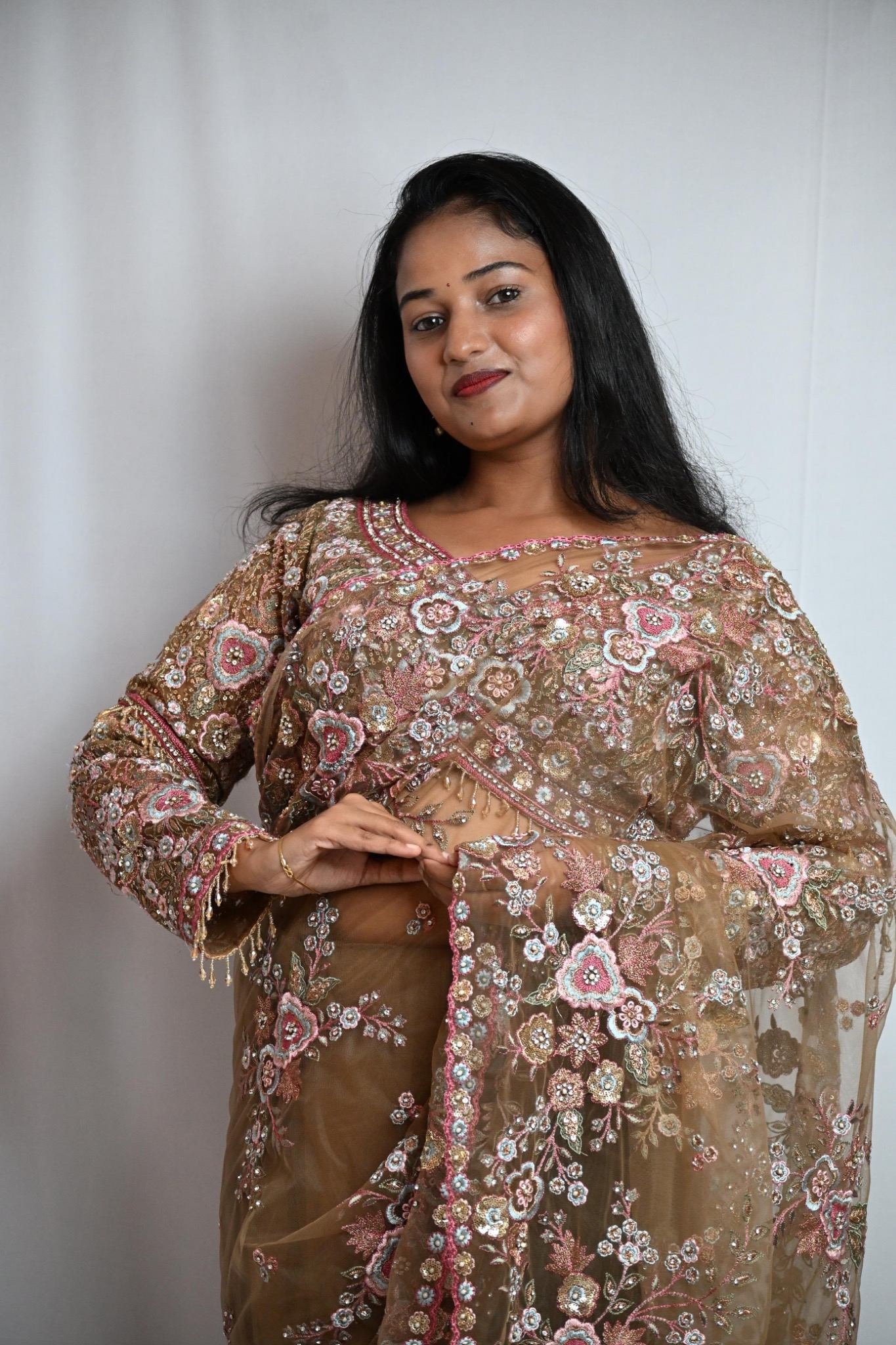 saree_image_1 Premium Mocha Brown Embroidered Designer Saree with Pink Floral Work - Image 1
